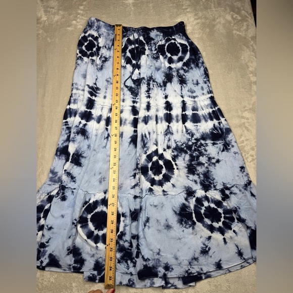 Magic Blue White Tie Dye Tiered Ruffle Lightweight MIDI Boho 100% Rayon Skirt M - Picture 6 of 13